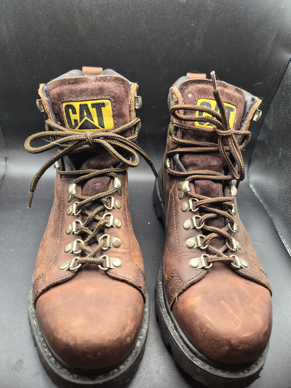 Caterpillar Walking Machine Brown Leather Lace-Up Work Boots with Yellow Logo